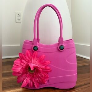 Optari Sol Tote Purse Hand Bag Pink With Flower Charm Waterproof Rubber